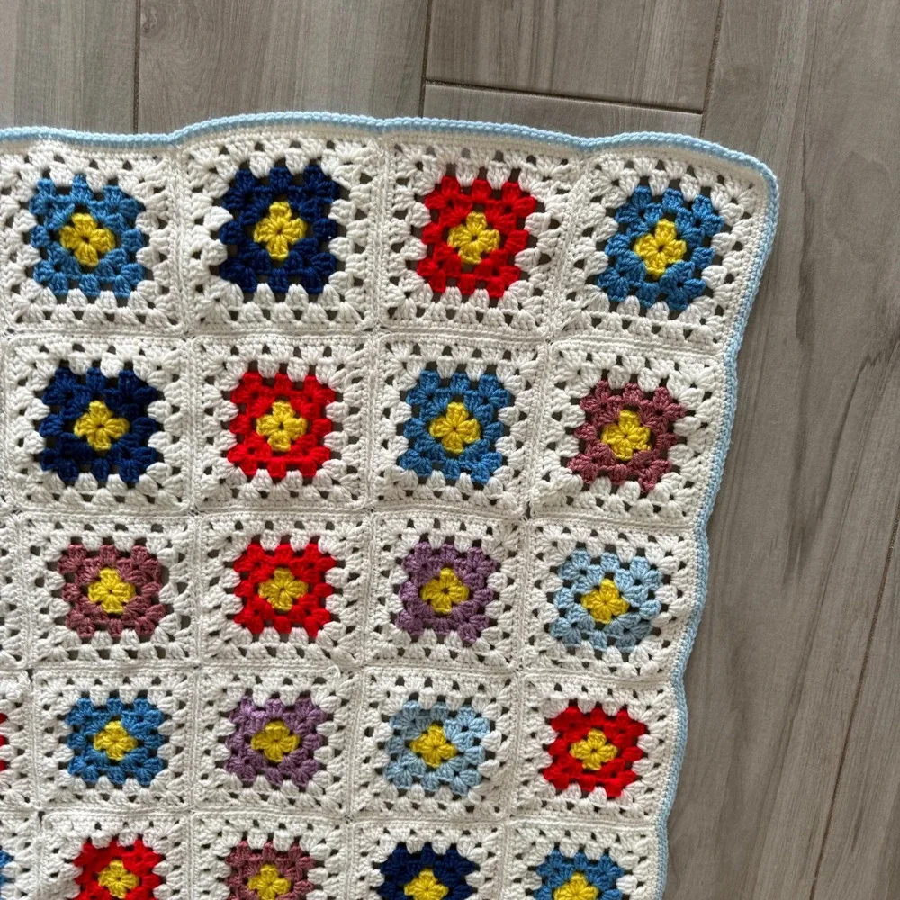 Handmade Crochet Granny Square Baby Blanket MultiColor White 24x36 Nursery Throw